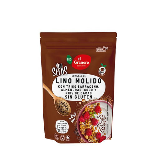 Vitaseeds Lino molido con trigo sarraceno, almendras, coco y nibs de cacao BIO, 200 g - EL GRANERO INTEGRAL
