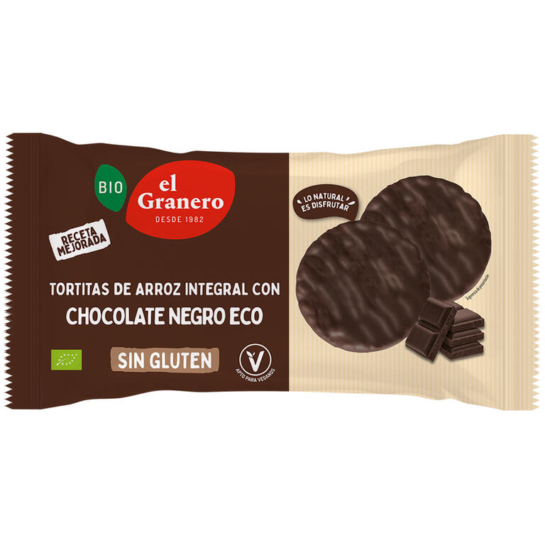 Tortitas de arroz con chocolate negro BIO, 6 und. 90 g de El Granero Integral: fotografía del envase