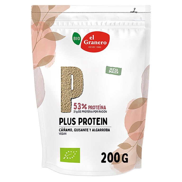 Plus proteína 100% vegana (proteína de guisante, algarroba y cañamo) BIO, 200 g de El Granero Integral: fotografía del envase