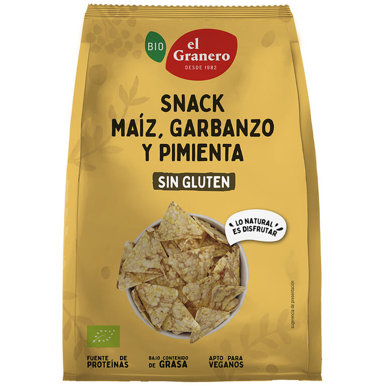 Snack de maíz, garbanzo y pimienta BIO, 60 gr de El Granero Integral: fotografía del envase