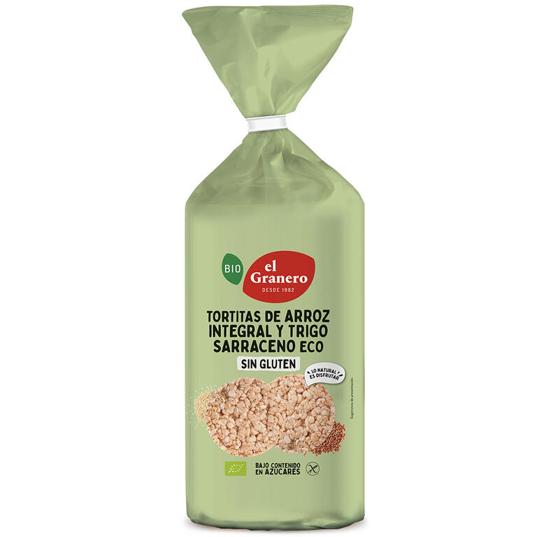 Tortitas de arroz y trigo sarraceno sin gluten BIO, 115 g de El Granero Integral: fotografía del envase