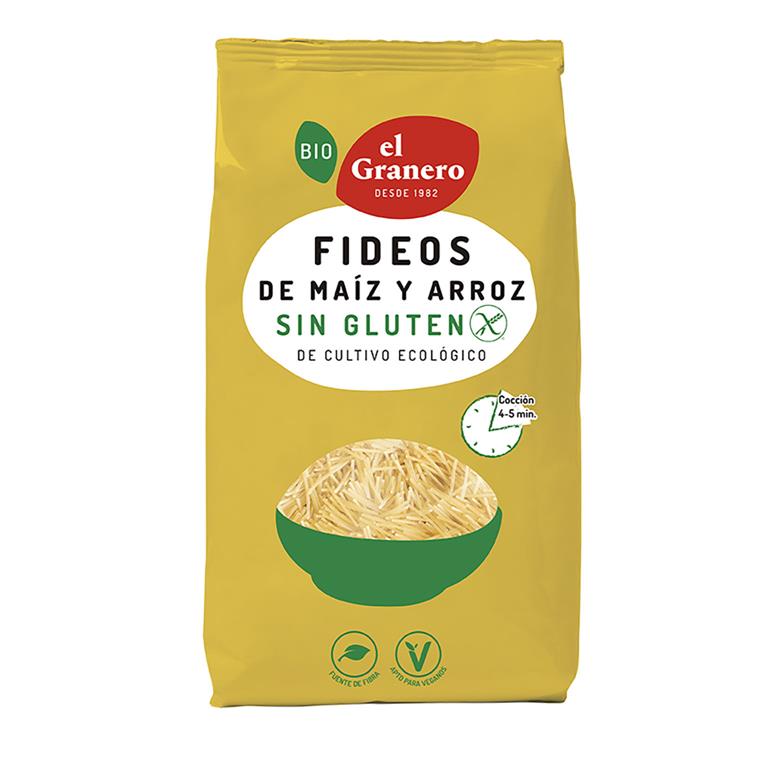Fideos de maíz y arroz sin gluten de El Granero Integral: fotografía del envase