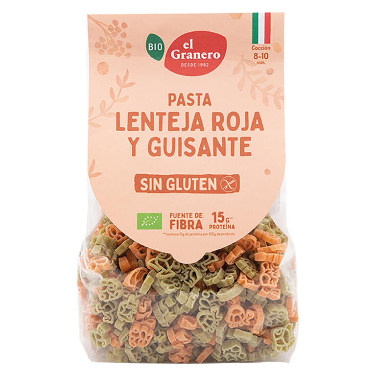 Pasta lenteja y guisantes animales sin gluten BIO, 250 g de El Granero Integral: fotografía del envase