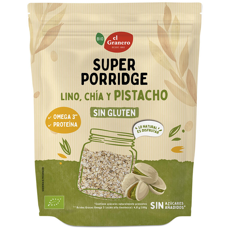 Superporridge sin gluten con pistacho BIO, 350 g de El Granero Integral: fotografía del envase
