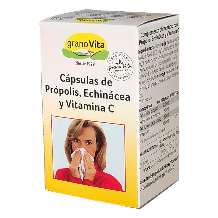 Cápsulas de propolis, echinacea y vit C, 75 cap. 250 mg de Granovita: fotografía del envase