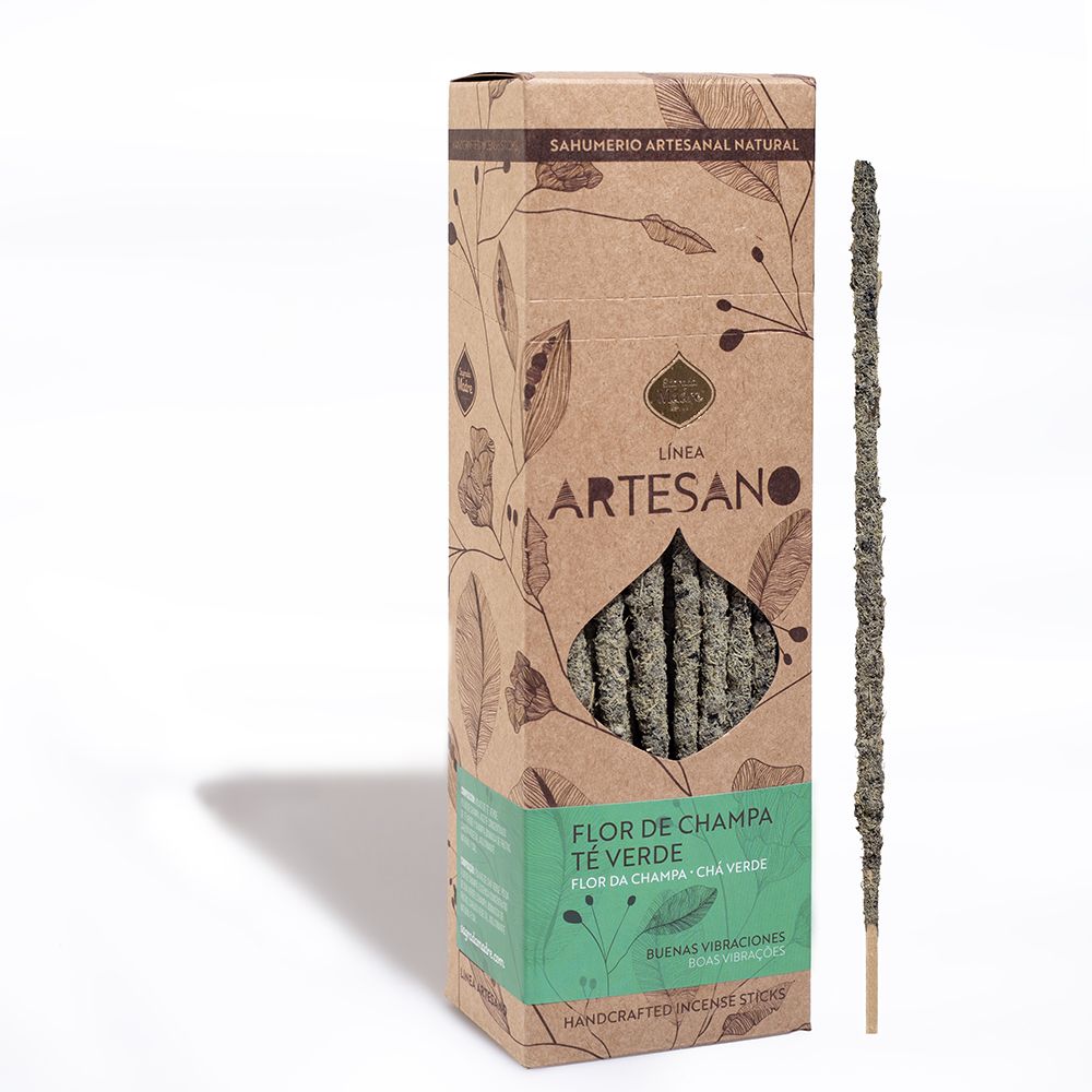 Sahumerio artesanal de flor de champa y té verde: fotografía del envase