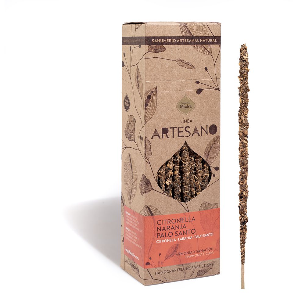 Sahumerio artesanal de citronela, naranja y palo santo: fotografía del envase