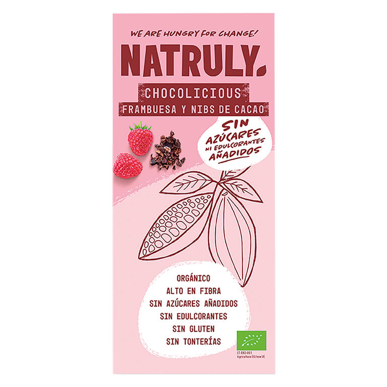 Tableta chocolate con frambuesa y nibs cacao BIO, 85 g de Natruly: fotografía del envase