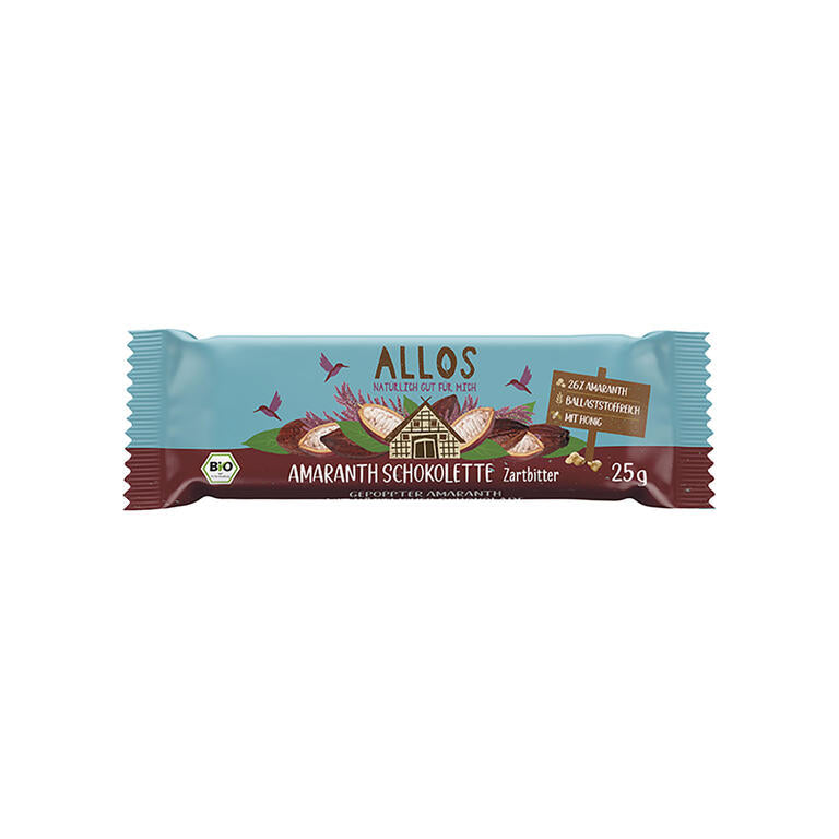 Barrita de amaranto con chocolate negro BIO, 25 g de Allos: fotografía del envase