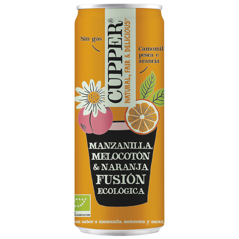 Bebida de manzanilla, melocoton y naranja BIO, 250 ml de Cupper: fotografía del envase