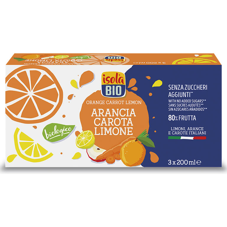 Zumo de naranja, zanahoria y limón BIO, pack 3x200 ml de Isola Bio: fotografía del envase