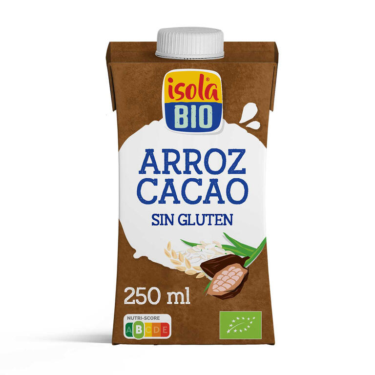 Bebida vegetal mini de arroz con cacao BIO, 250 ml de Isola Bio: fotografía del envase