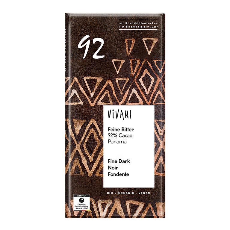 Chocolate negro 92% panama con azúcar de coco BIO, 80 g de Vivani: fotografía del envase
