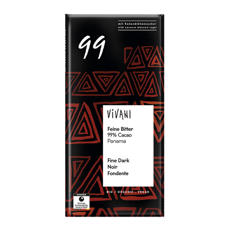 Chocolate negro 99% panama con azúcar de coco BIO, 80 g de Vivani: fotografía del envase