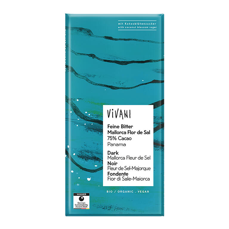Chocolate negro 75% panama con flor de sal de mallorca BIO, 80 g de Vivani: fotografía del envase