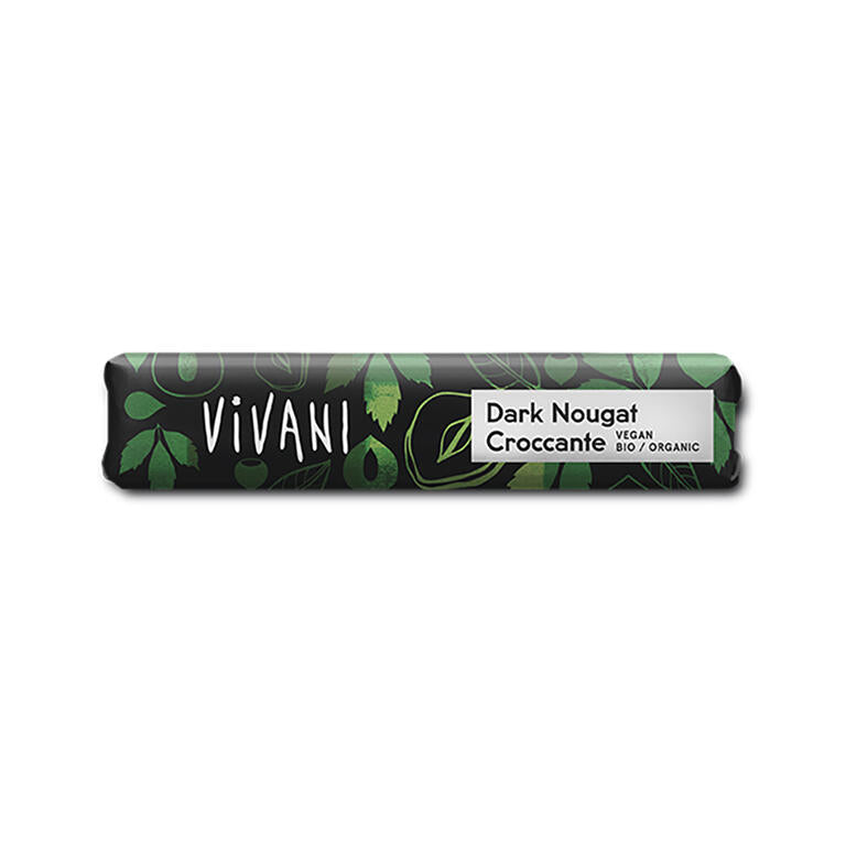 Dark nougat croccante - barrita de chocolate negro con praline BIO (v), 35 g de Vivani: fotografía del envase
