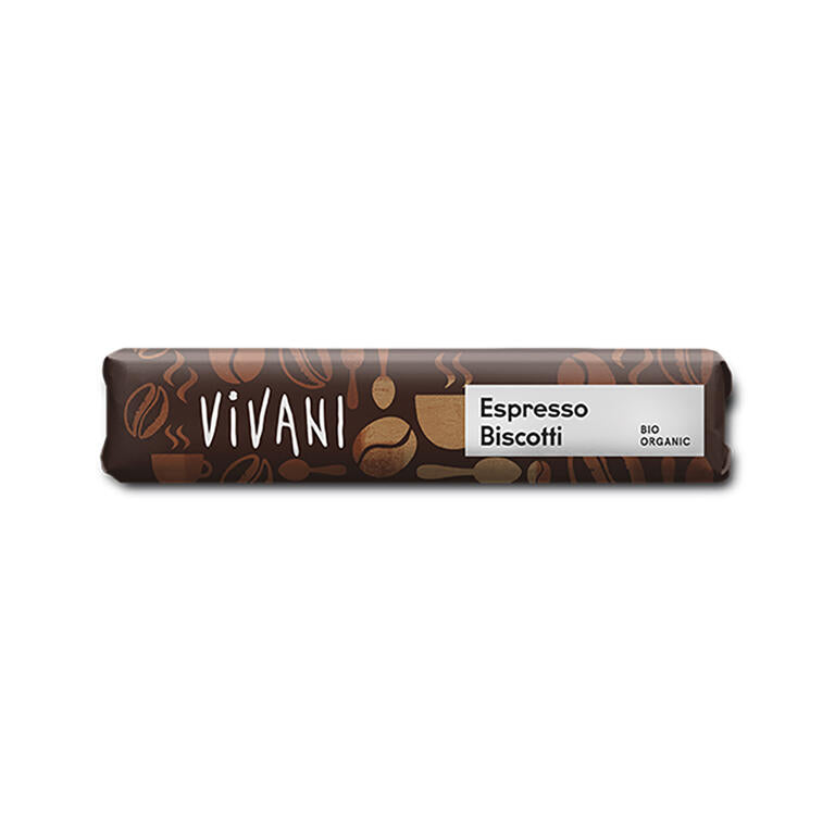 Espresso biscotti - barrita de chocolate y leche relleno de crema de café BIO de Vivani: fotografía del envase