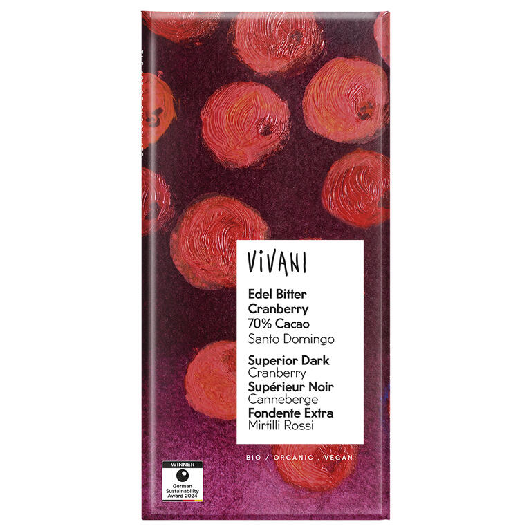 Chocolate negro 70% con arándanos BIO, 80 g de Vivani: fotografía del envase