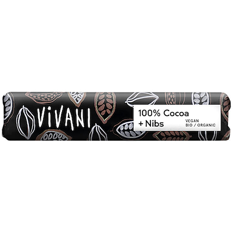 Barrita de chocolate negro superior 100% con nibs de cacao BIO, 25 g de Vivani: fotografía del envase