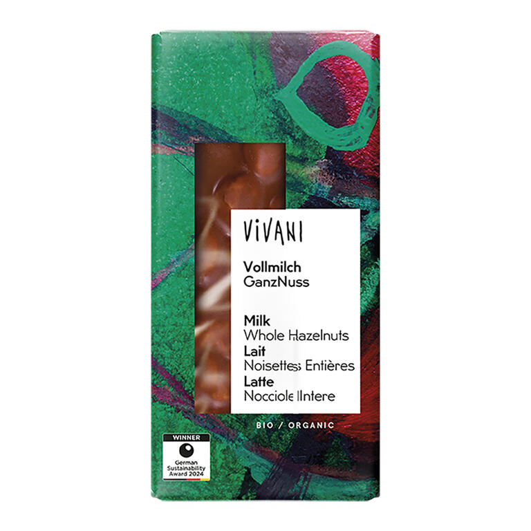 Chocolate con leche y avellanas enteras BIO, 100 g de Vivani: fotografía del envase