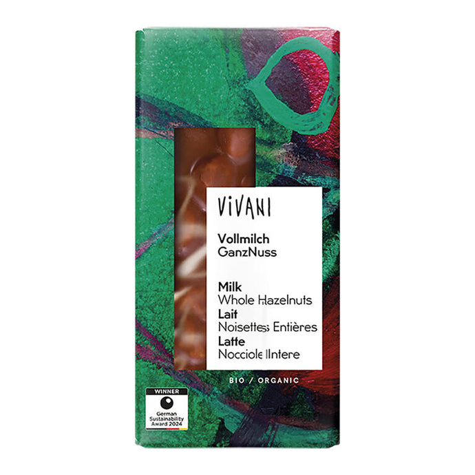 VIVANI - CHOCOLATE CON LECHE Y AVELLANAS ENTERAS BIO, 100 g