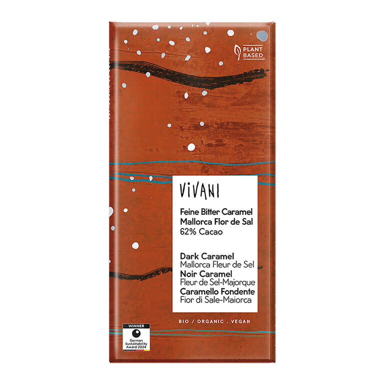Chocolate negro 62% con caramelo y flor de sal de Mallorca BIO, 80 g de Vivani: fotografía del envase