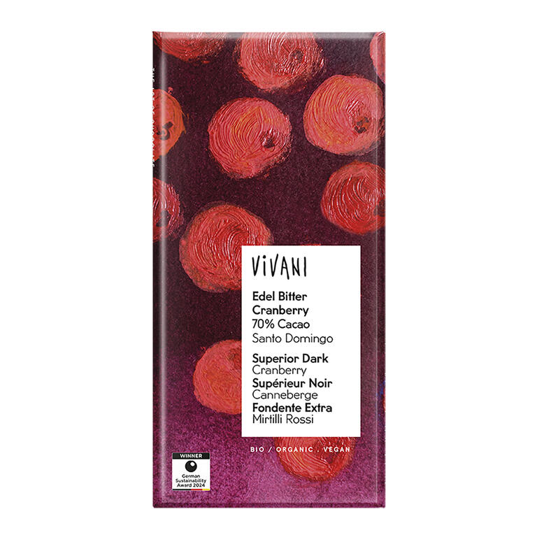 Chocolate negro 70% con arándanos BIO, 100 g de Vivani: fotografía del envase