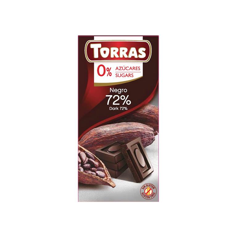 Chocolate negro 72% cacao sin azúcar 75 g de Torras: fotografía del envase