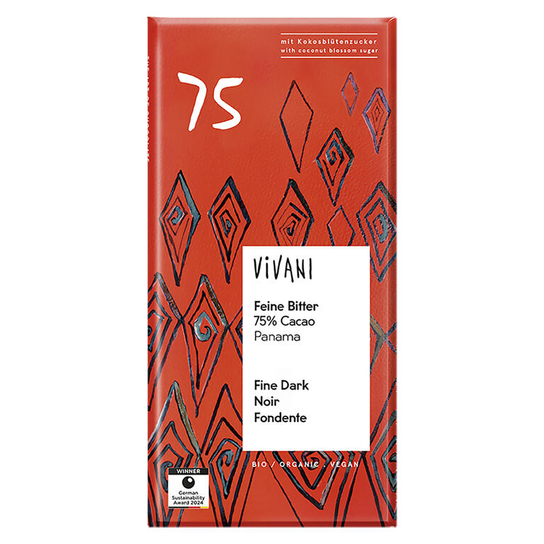 Chocolate negro 75% Panamá con azúcar de coco BIO, 80 g de Vivani: fotografía del envase