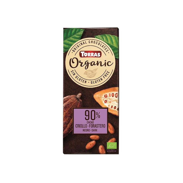 Chocolate negro 90% cacao criollo BIO, 100 g de Torras: fotografía del envase