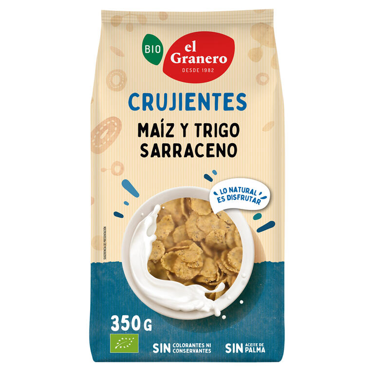 Copos crujientes de maíz y trigo sarraceno BIO, 350 g: fotografía del envase