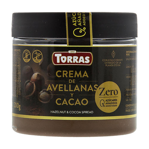 CREMA DE CACAO CON AVELLANAS SIN AZUCAR, 200 g - TORRAS