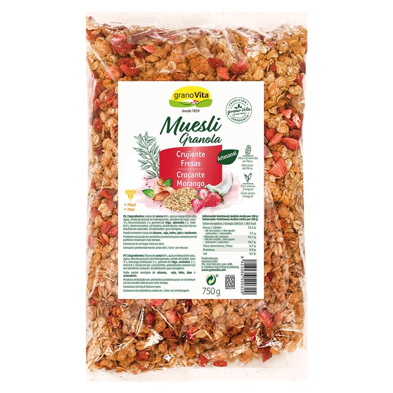 Muesli crujiente con fresas, 750 g de Granovita: fotografía del envase