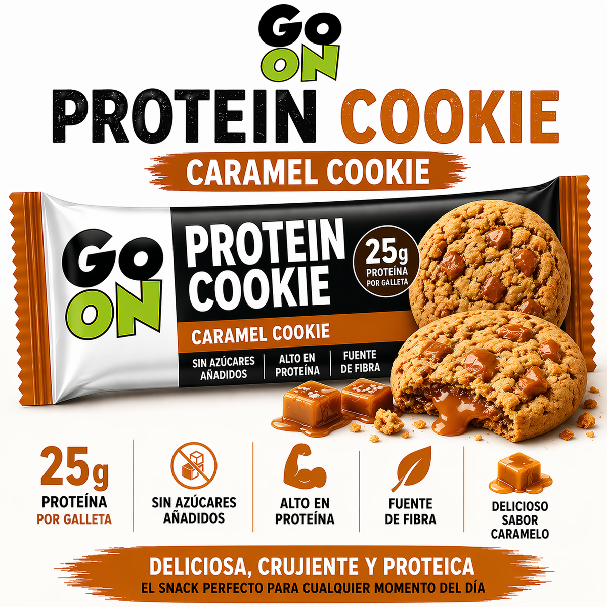 Go On galleta de proteína caramelo, caja de 18 galletas: fotografía del envase
