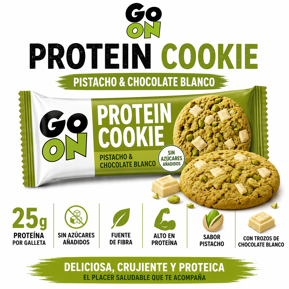 Go On galleta de proteína pistacho y chocolate blanco, caja de 18 galletas: fotografía del envase
