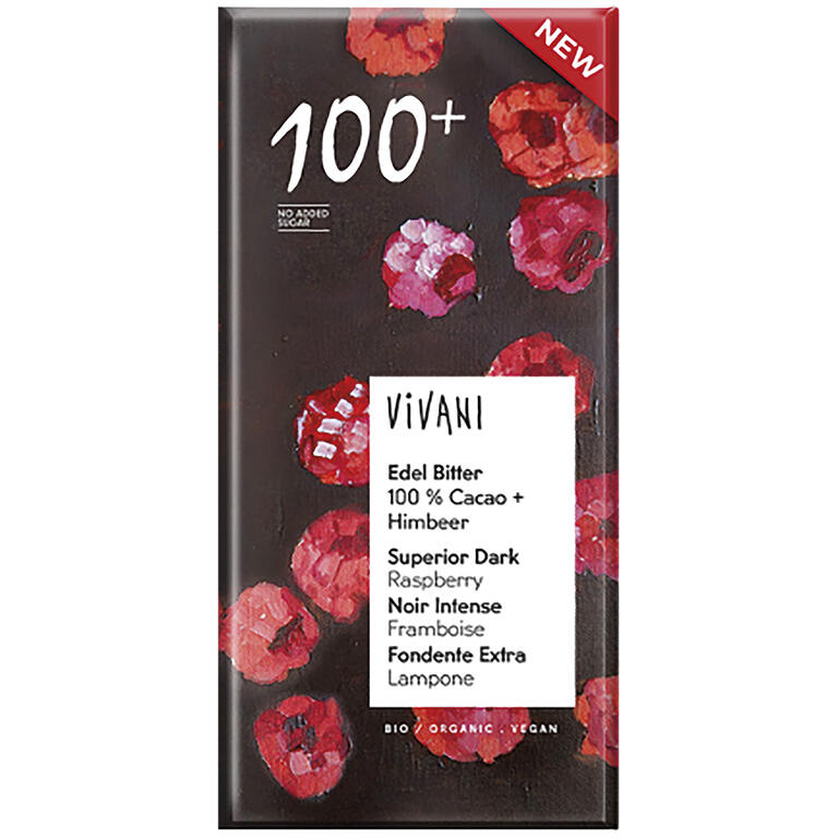Chocolate negro 100% cacao con frambuesa BIO de Vivani, 80 g: fotografía del envase