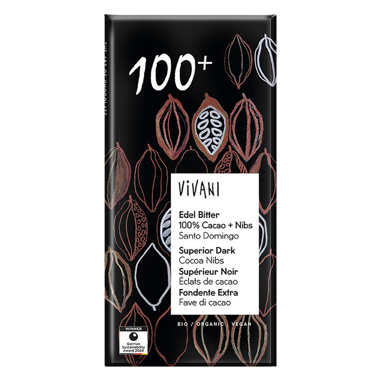 Chocolate negro 100% cacao con nibs BIO de Vivani, 80 g: fotografía del envase