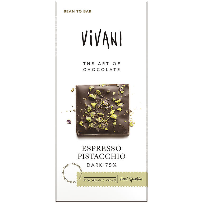 Chocolate negro 75% con café y pistacho BIO de Vivani, 80 g: fotografía del envase