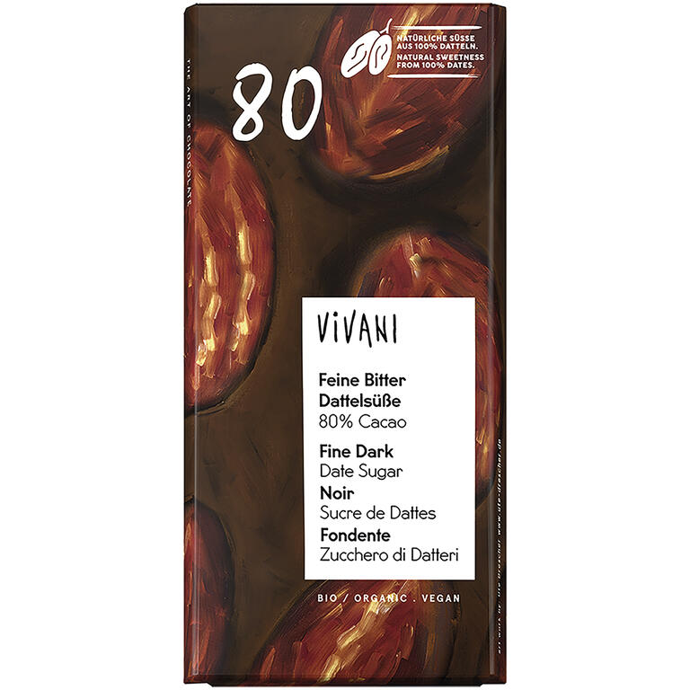 Chocolate negro 80% cacao con dátil BIO de Vivani, 80 g: fotografía del envase