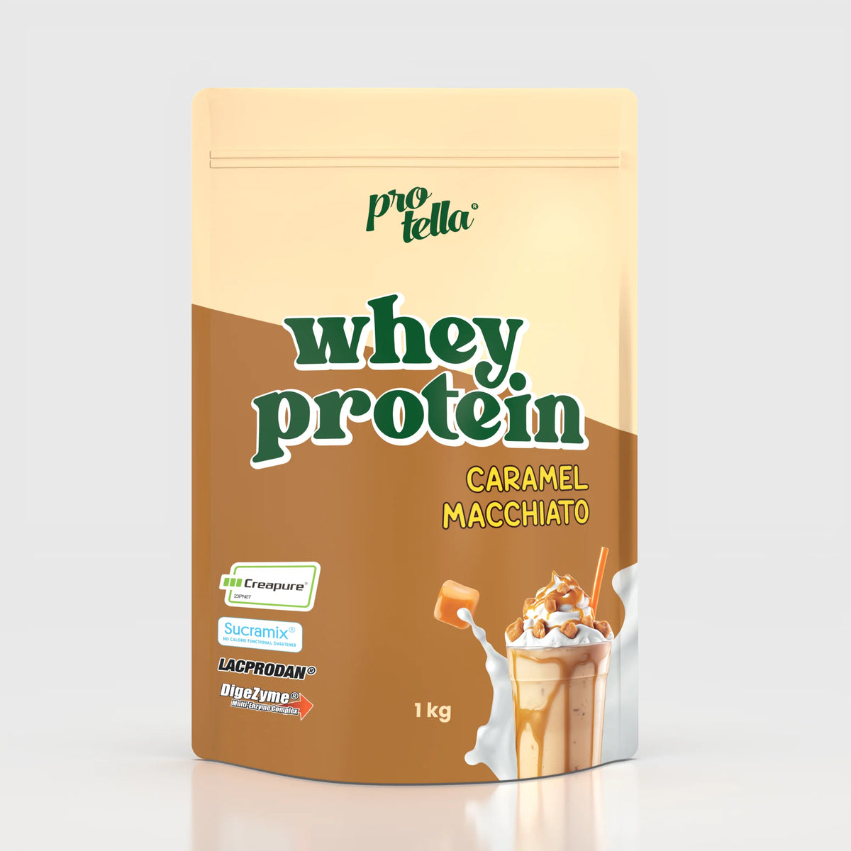 Whey Protein Protella 1 kg sabor caramel macchiato: fotografía del envase